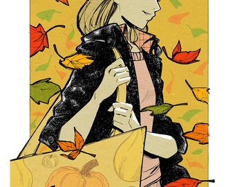 Könnte beinhalten: Eine Frau in einer schwarzen Jacke und einem rosa Pullover trägt eine große braune Tasche mit einem Kürbis und anderen Herbstprodukten. Die Tasche ist mit Herbstblättern verziert. Der Hintergrund ist ein gelbes und oranges Muster mit fallenden Blättern.