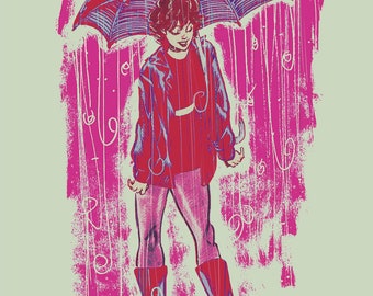 Könnte beinhalten: Eine Person mit kurzen, dunklen Haaren geht im Regen spazieren und hält einen roten Regenschirm. Der Hintergrund ist ein abstraktes Design in Rosa und Weiß mit weißen Linien, die wie Regen aussehen.