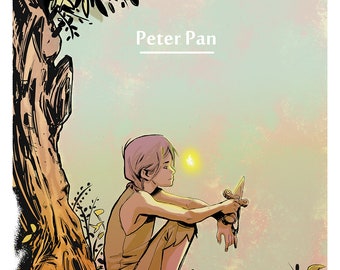 Könnte beinhalten: Eine handgezeichnete Illustration von Peter Pan, einem jungen Jungen mit rosa Haaren, der unter einem Baum mit einem Schwert in der Hand sitzt. Der Hintergrund ist in sanftem Blau und Gelb gehalten.