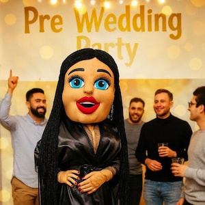 Puede incluir: Una persona con un gran disfraz de cabeza de mujer de dibujos animados con pelo largo negro, labios rojos y ojos azules, vestida con una bata negra. Las palabras "Pre Wedding Party" están en letras doradas arriba. Varios hombres están en el fondo.