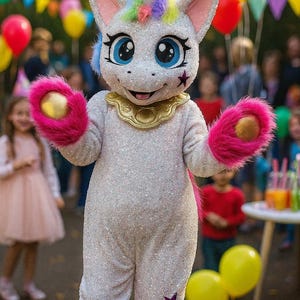 Könnte beinhalten: Eine Person in einem glitzernden weißen Einhornkostüm mit einer Regenbogenmähne, blauen Augen und einem Stern auf der Wange. Das Kostüm hat rosa flauschige Handschuhe, Stiefel und einen goldenen Kragen. Ballons und Kinder sind im Hintergrund.