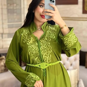 Elegant Moroccan Caftan with Floral Embroidery | Belted Modest Dress | Kaftan for Eid, Weddings & Special Occasions