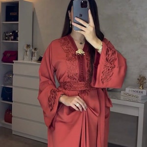 Elegant Moroccan Caftan with Leaf Motif Embroidery & Tassel Belt | Modest Fit