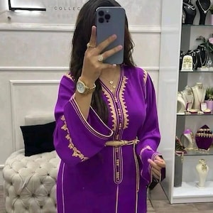 Moroccan Caftan with Gold Embroidery and Matching Belt – Handmade Takchita Dress for Women – Traditional Moroccan Occasion Wear