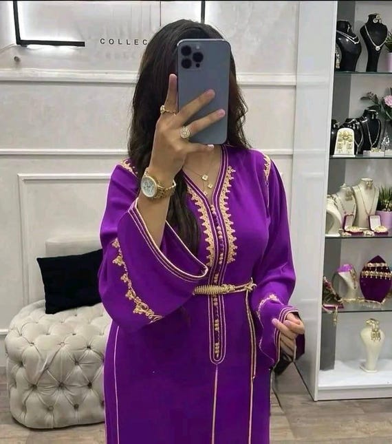 Moroccan Caftan with Gold Embroidery & Belt: Takchita Dress Moroccan Caftan with Gold Embroidery & Belt: Takchita Dress