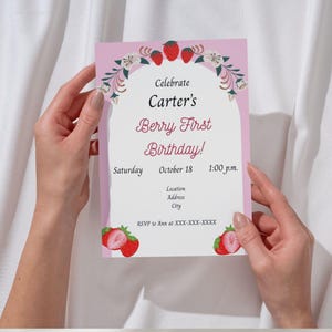 Berry First Birthday Invitation -  Strawberry Themed Party Invite - Digital Download