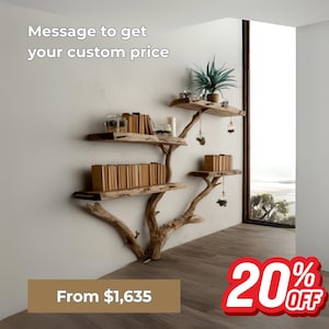 Natural branch bookshelf with custom shelves, rustic bookshelf decor for kids, book nook display, bookcase storage, and home library style