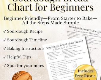 Puede incluir: Una guía para panaderos principiantes de masa madre. La imagen presenta un gráfico con el título "Sourdough Bread Chart for Beginners" e incluye una receta, una línea de tiempo, instrucciones para hornear y consejos útiles. Se incluye una página rústica.