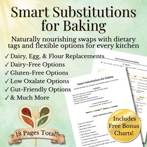 Op de afbeelding: Een groene en witte digitale downloadgids voor bakvervangingen. De gids bevat lactosevrije, glutenvrije, oxalaatarme en darmsvriendelijke opties. De omslag toont de tekst "Smart Substitutions for Baking" en "18 Pages Total!" met een groene en witte illustratie van een vork en lepel.