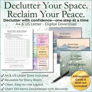May include: Digital download featuring a decluttering guide with a 100-item challenge chart, affirmation cards, and wall art. The design includes the text "Declutter Your Space. Reclaim Your Peace." and "Small steps. Real change."