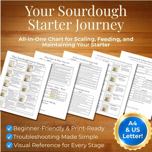 May include: A collection of printed guides titled "Your Sourdough Starter Journey" on a wooden surface. The guides include charts for scaling, feeding, and maintaining a sourdough starter. The image also features a blue and gold seal that says "A4 & US Letter!"