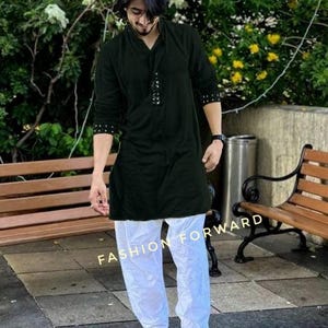 Black neck mirror Embroidered Kurta Shalwar: Bollywood Men&#39;s Style