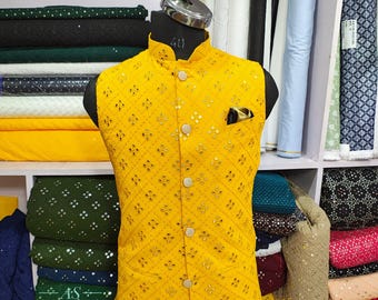 Summer Yellow Nehru Jacket for Men | Indian Georgette Mirror Work Waistcoat | Haldi Ceremony Nehru Jacket | Mehndi Reception Waistcoat