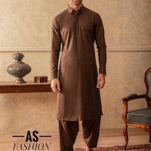 Men&#39;s Dark Brown Kameez Shalwar: Indian Pakistani Wedding Outfit
