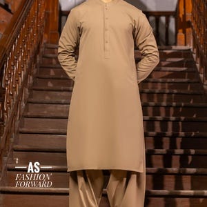 Beige Kameez Shalwar for Men: Stand Collar Ethnic Outfit