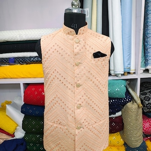 Peach Embroidered Nehru Jacket: Indian Bandi Vest for Men