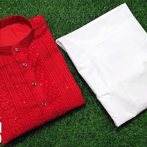 Men&#39;s Red Chikan Kurta Pajama Set: Pakistani Ethnic Mirror Work Dress
