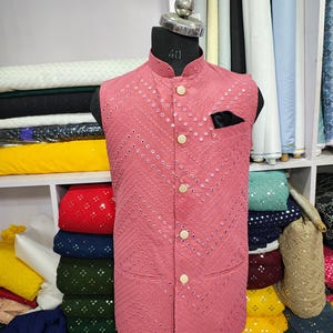 Embroidered Mirrorwork Nehru Jacket: Indian Wedding Vest - Dark Peach