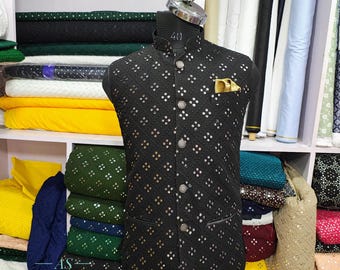Men Black Embroidery Mirror Work Waistcoat | Four Mirror Nehru&#39;s Coat | Stylish/Fancy/Unique Jacket & Coats | Traditional Nehru Jacket/Vests