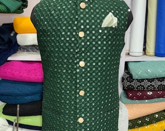 Sequence Party Wear Suit | Dark Green Kurta Pyjama Nehru Jacket  | Dark Green Sherwani Jacket | Custom Made Clothing | Ethnic Nehru Jacket
