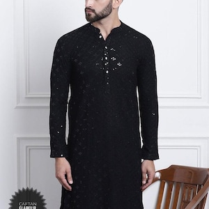 Black Traditional Sequence Mens Kurta | Men Party Wear/Man Stuff | Soft Cotton Kurta | Bollywood Style Kurta - Only Kurta - Floral Design
