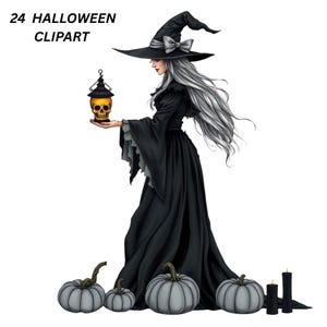 Könnte beinhalten: Eine digitale Illustration, die eine Hexe in einem schwarzen Kleid und Hut zeigt, die eine Totenkopflaterne hält. Das Bild enthält graue Kürbisse und schwarze Kerzen, mit dem Text "24 HALLOWEEN CLIPART" oben.