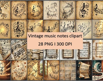 Può includere: Una collezione di immagini clipart di note musicali in stile vintage. Le immagini presentano note musicali e chiavi di violino su sfondi di carta invecchiata. È presente anche il testo "Vintage music notes clipart" e "28 PNG I 300 DPI".