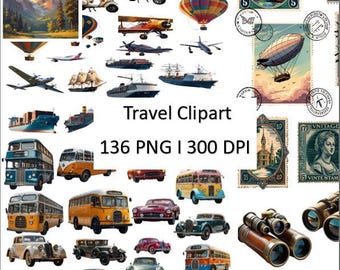 Travel Journal Clipart: Vintage Luggage, World Globe (PDF Download)