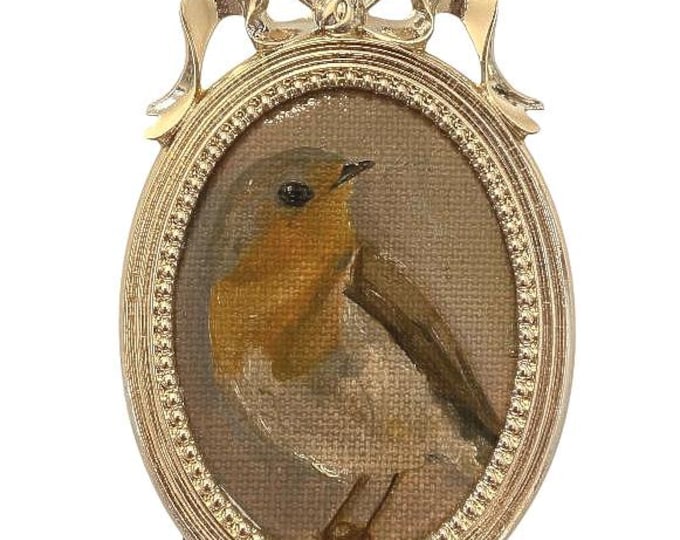 Featured listing image: ORIGINAL Mini Framed European Robin Oil Painting Robin Vintage Inspired Bow Frame | Rare Oval Bow Frame | Robin bird on Branch