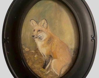 Original Fox Oil Painting on Canvas in Black Oval Frame - 5x7” Original Woodland Creature Vinatge-Inspired Artwork