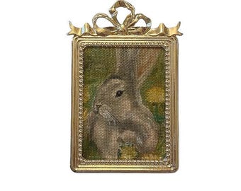 ORIGINAL Mini Framed Bunny Oil Painting Bunny Vintage Inspired Bow Frame | Rare Rectangular Bow Frame | Bunny Decor | Bunny in Meadow Flower