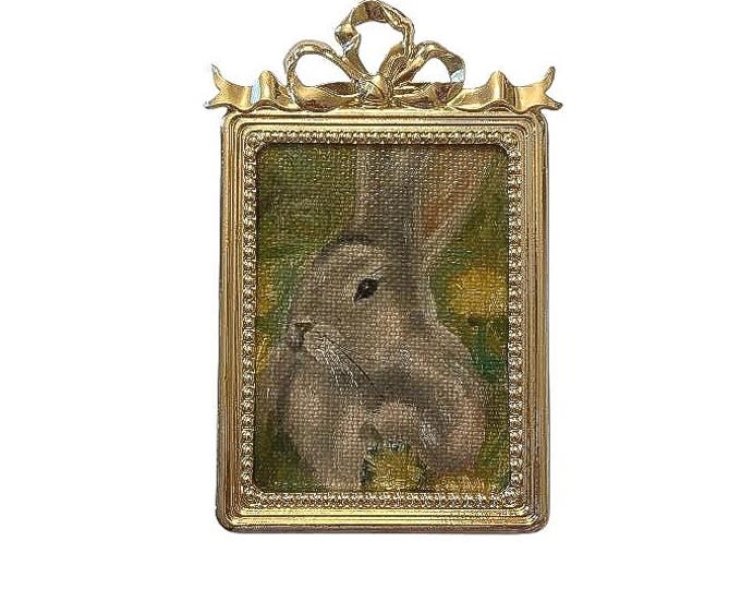 Featured listing image: ORIGINAL Mini Framed Bunny Oil Painting Bunny Vintage Inspired Bow Frame | Rare Rectangular Bow Frame | Bunny Decor | Bunny in Meadow Flower