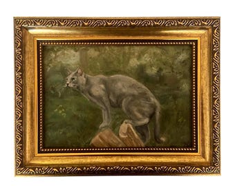 Original Cat Oil Painting | 5x7" Framed Woodland Art