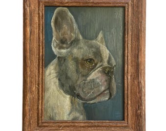 French Bulldog Portrait Print: Vintage Frenchie Oil Painting, Blue Decor