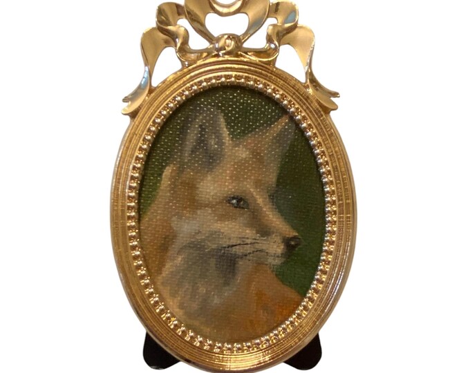 Featured listing image: ORIGINAL Mini Framed Fox Oil Painting | Vintage Inspired Bow Frame | Rare Oval Bow Frame | Petite Wildlife Scene in Vintage Frame (2’3”)