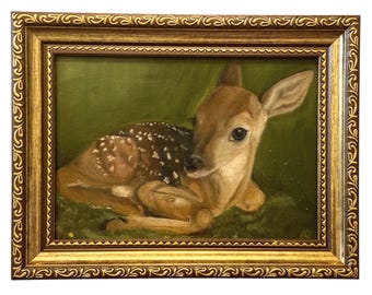 ORIGINAL Deer Portrait Framed Oil Painting | Deer Laying in Grass | 5'7" on Wood | Vintage Framed | Antique Original Art | Deer Lover Gift