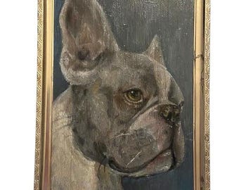 Print of Frenchie Oil Painting | French Bulldog Pet Porait | Blue Background Decor | Animal Lovers Vintage Painting Gift