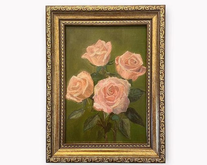 Featured listing image: ORIGINAL Impressionistic Soft Roses Oil Painting Framed “Blushing Petals” - Pink Blooms Against Dark Green | Vintage Rose Antique Boquet