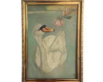 ORIGINAL Framed Oil Painting - “Elegance in the Offering” | Romantic Vintage Framed Swan Reaching for Rose | Antique Rare Rectangular Frame
