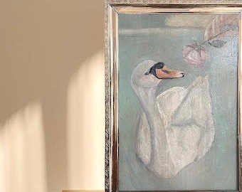 Print of Swan Oil Painting - Swan with Rose in Hand “Elegance in the Offering” | Choice of Print | Vintage Rococo Print French Decor Antique
