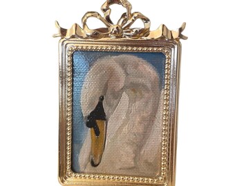 ORIGINAL mini Framed Oil Painting - Swan Portrait, Vintage Inspired Bow Frame | Rare Rectangular Frame | Swan Decor | Elegant Portrait | Bow