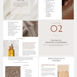 May include: A collage of images about natural skincare using tallow. The text "Whipped by Nature" is at the top of the page. The text "Tallow 101: Sourcing & Rendering" is in a brown box with a white background. The text "What Exactly is Tallow?" is in a white box with a brown background. The text "Wet Render" is in a white box with a brown background. The text "Chapter 02" is in a brown circle with a white background.