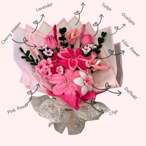 May include: A handcrafted bouquet of pink and white flowers, including tulips, lilies, and calla lilies, wrapped in pink and white paper and tied with a silver ribbon. The bouquet is labelled "Pretty Petals flower Bouquet".