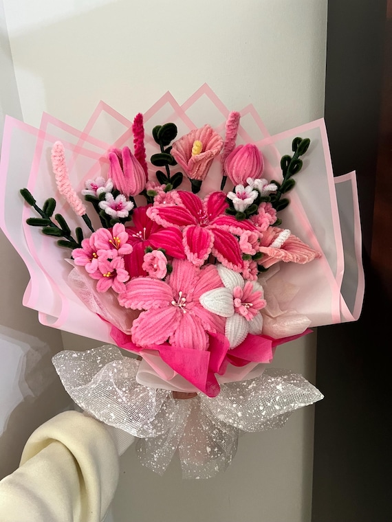 Blush Pink Pipe cleaner Flower Bouquet: eternal flower bouquet, pink and white lilys, cherry blossoms, tulips, callas and filler flowers.