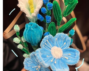 Little Blues flower bouquet: pipe cleaner flowers. Poppy, baby breath,