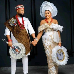 African Traditional Wedding Dress | Igbo Bride Dress | African Bride Outfit | George Outfit | Wedding Handfan | Gele | Ichafu | African Bead