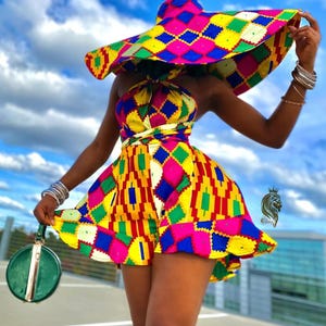 Kente Romper with Hat | African Print Romper | African Print Gown | African Ladies Dress | African Ladies Dress | Kente Dress | Kente Romper
