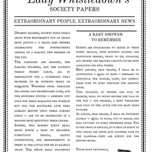 May include: A black and white illustration of a baby carriage with a text overlay that reads "Lady Whistledown's Society Papers: Extraordinary People, Extraordinary News." The text describes a baby shower celebration with details about the event and the guests.
