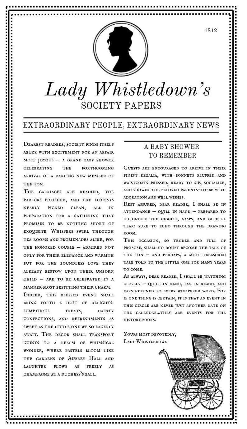 May include: A black and white illustration of a baby carriage with a text overlay that reads "Lady Whistledown's Society Papers: Extraordinary People, Extraordinary News." The text describes a baby shower celebration with details about the event and the guests.