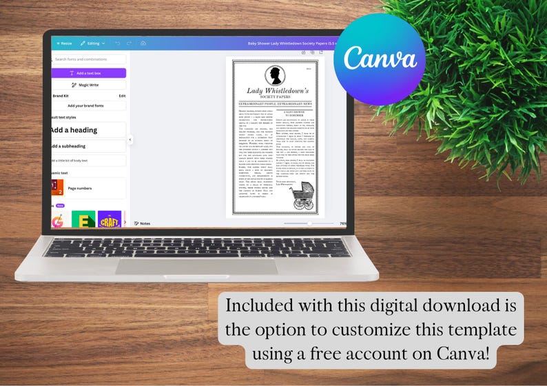 May include: A laptop computer displaying a Canva design template with the text "Lady Whistledown's Society Papers". The design includes a black and white illustration of a baby carriage. The text "Included with this digital download is the option to customize this template using a free account on Canva!" is displayed below the laptop.